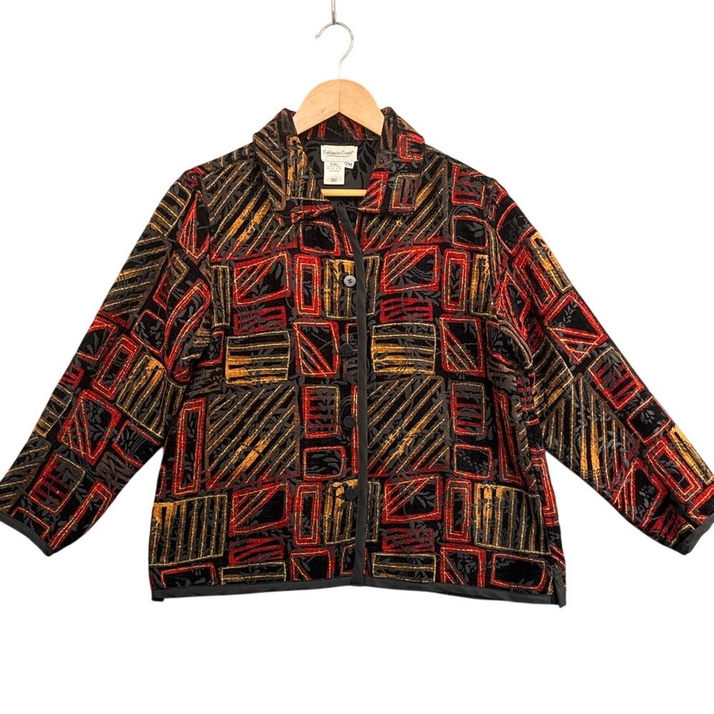 Coldwater Creek Black Gold Red Geometric Jacquard Reversible Jacket Women PM